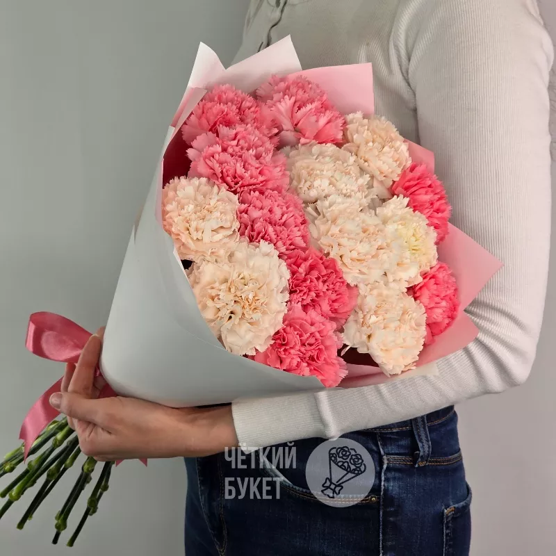 Букет из 15 кремовых и розовых гвоздик 1