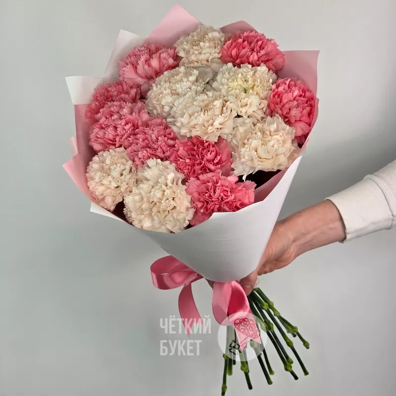 Букет из 15 кремовых и розовых гвоздик 2