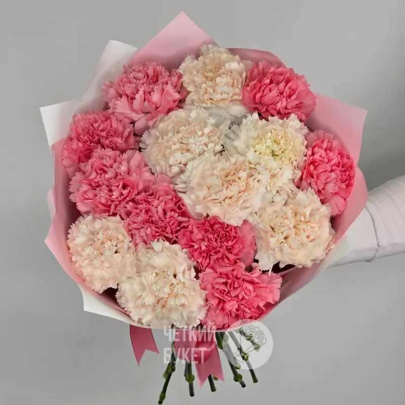 Букет из 15 кремовых и розовых гвоздик 3
