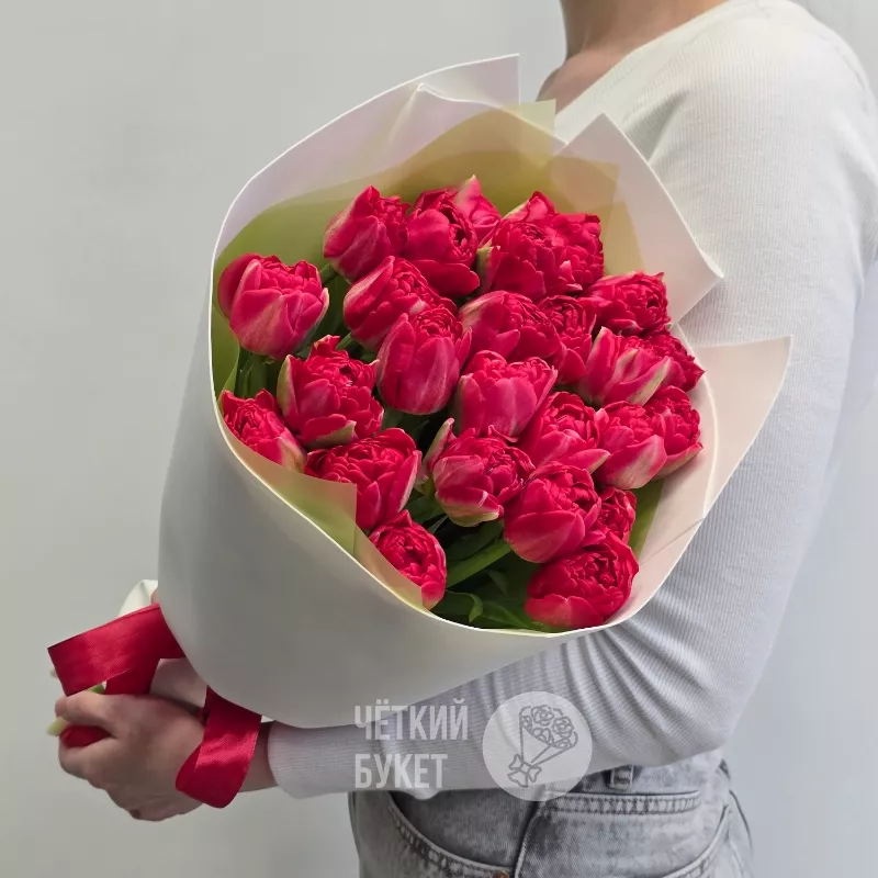 Букет из 25 красных пионовидных тюльпанов в белом