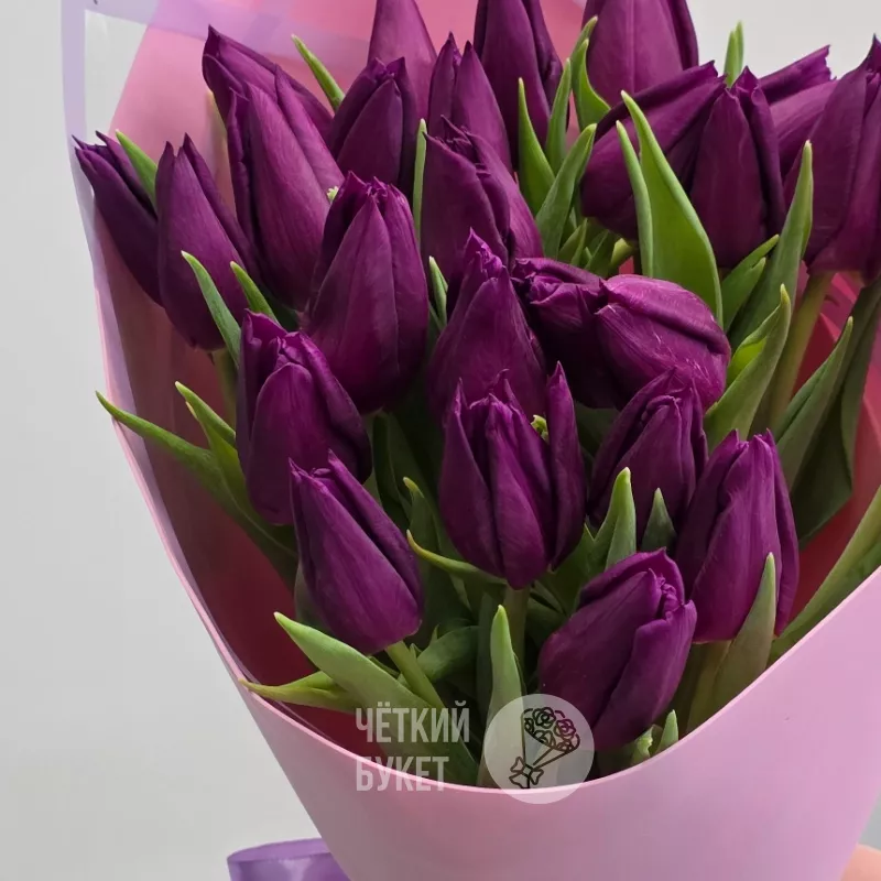 Букет из 25 фиолетовых тюльпанов в розовом 3