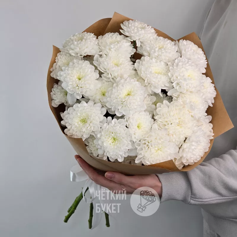 Букет из 5 белых махровых кустовых хризантем Алтай в крафт 2