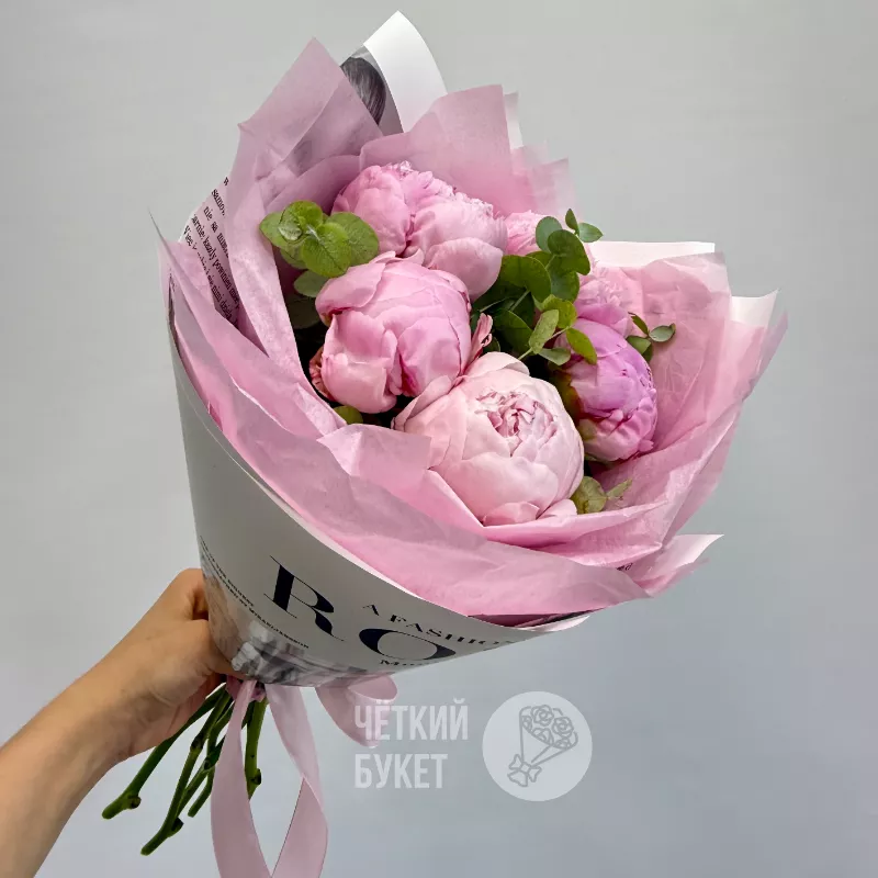 5 розовых пионов Сара Бернар с эвкалиптом 3